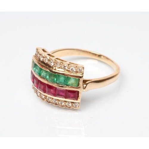 236 - A MULTI GEM HALF HOOP COCKTAIL RING, channel set with two rows of square cut rubies and emeralds wit... 