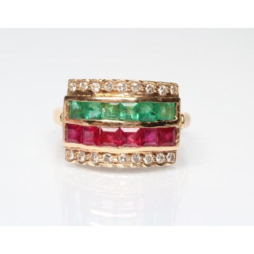 236 - A MULTI GEM HALF HOOP COCKTAIL RING, channel set with two rows of square cut rubies and emeralds wit... 