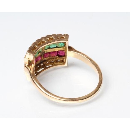 236 - A MULTI GEM HALF HOOP COCKTAIL RING, channel set with two rows of square cut rubies and emeralds wit... 