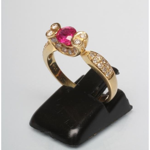 239 - A RUBY AND DIAMOND COCKTAIL RING, the circular facet cut ruby prong set between two pairs of diamond... 