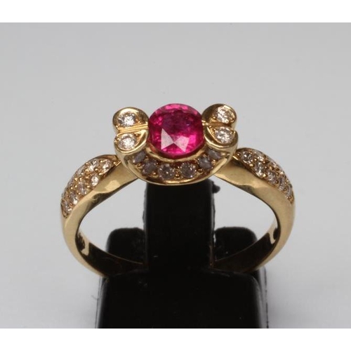 239 - A RUBY AND DIAMOND COCKTAIL RING, the circular facet cut ruby prong set between two pairs of diamond... 