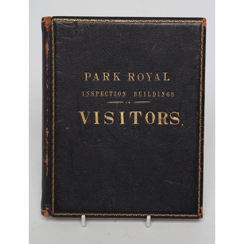 268 - PARK ROYAL INSPECTION BUILDINGS VISITORS BOOK, full grained leather bevelled boards, marbled end pap... 