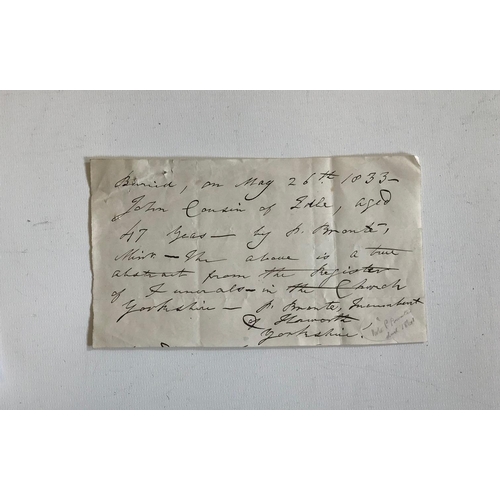 278 - PATRICK BRONTE, 'John Cousin of Idle', (19x10cm) a copy made by Patrick Bronte of an entry from Hawo... 