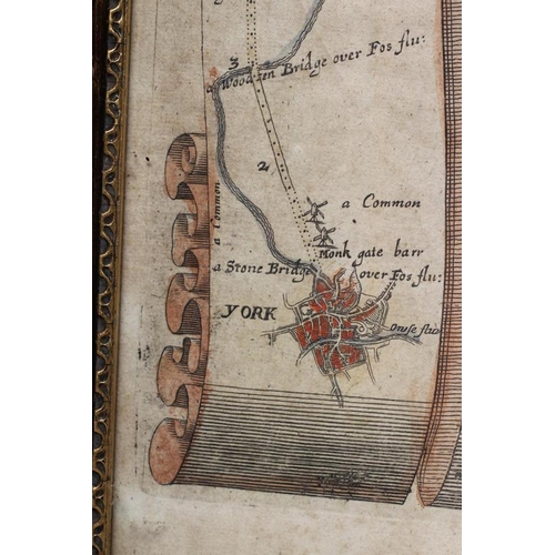 304 - JOHN OGILBY (1600-1678), The Roads from York to Whitby and Scarborough, engraved hand coloured strip... 