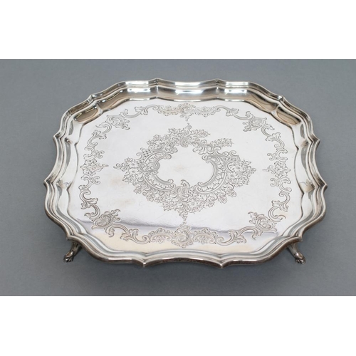 97 - A SALVER, maker Mappin & Webb, London 1916, of shaped square form with pie crust rim, centrally engr... 