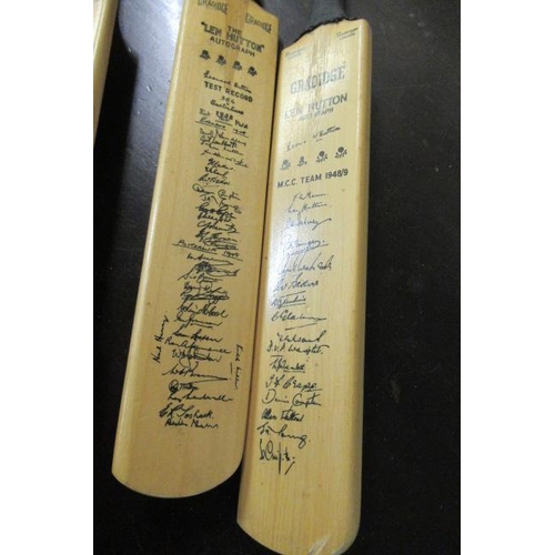 27 - FOUR MINIATURE CRICKET BATS WITH PRINTED AUTOGRAPHS