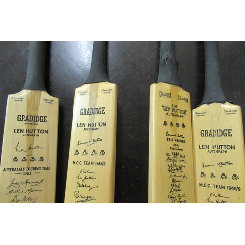 27 - FOUR MINIATURE CRICKET BATS WITH PRINTED AUTOGRAPHS