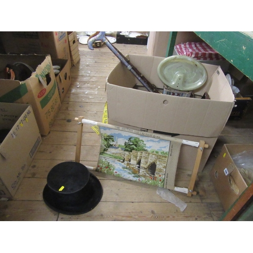 137 - BOX OF MISCELLANEOUS INCLUDING TWO WALKING STICKS ETC