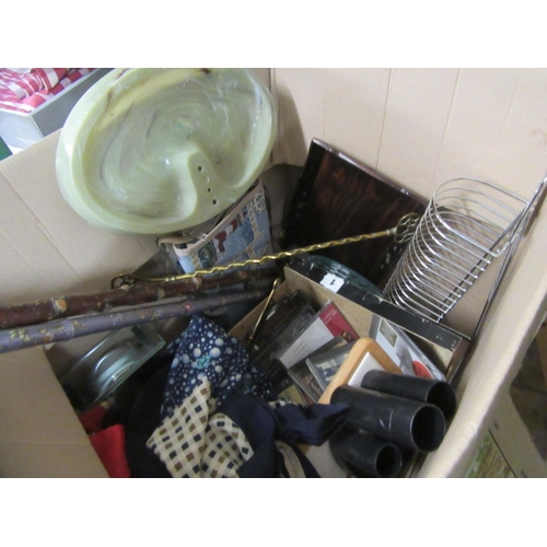 137 - BOX OF MISCELLANEOUS INCLUDING TWO WALKING STICKS ETC