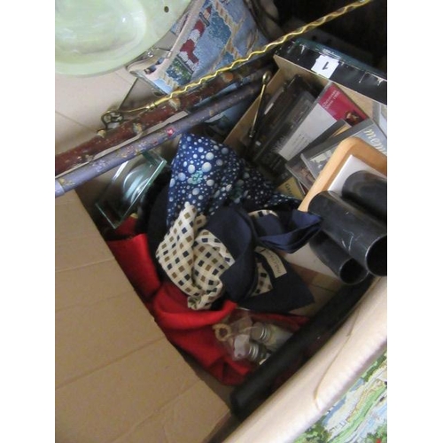 137 - BOX OF MISCELLANEOUS INCLUDING TWO WALKING STICKS ETC