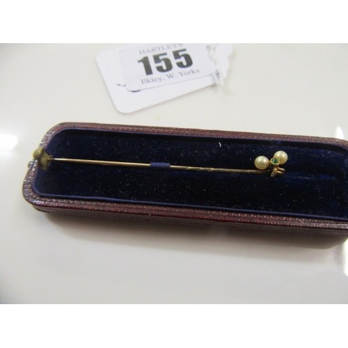 155 - CASED VICTORIAN EMERALD AND PEARL STICK PIN