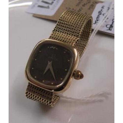 171 - LADY'S 17 JEWEL OMEGA 9CT GOLD WRIST WATCH     BACK 2.1 GMS     STRAP  CASE AND GLASS 25 GMS GROSS