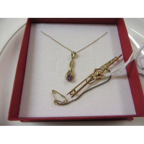 177 - 9CT GOLD BROOCH AND PENDANT ON CHAIN   3.6 GMS GROSS