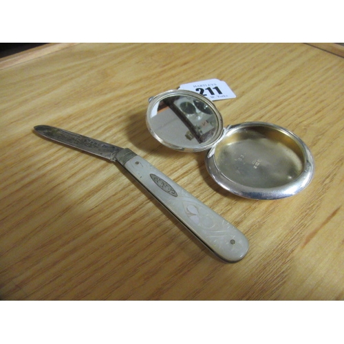 211 - SILVER COMPACT AND FRUIT KNIFE