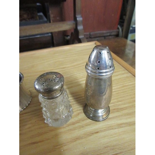 222 - TWO SILVER NAPKIN RINGS AND A PEPPERETTE   1OZ 19DWT    PLUS GLASS PEPPERETTE