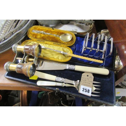 258 - QUANTITY OF PLATED CUTLERY AND A PAIR OF OPERA GLASES