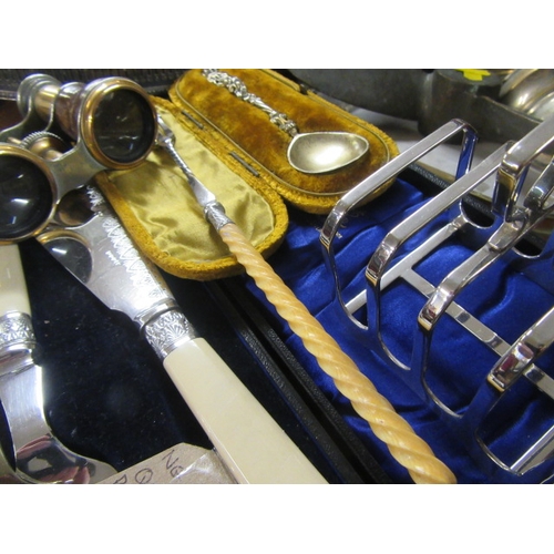 258 - QUANTITY OF PLATED CUTLERY AND A PAIR OF OPERA GLASES