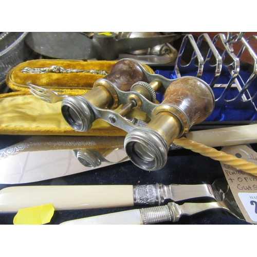 258 - QUANTITY OF PLATED CUTLERY AND A PAIR OF OPERA GLASES