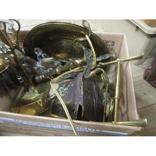 264 - BOX OF METALWARE INCLUDING COPPER KETTLE