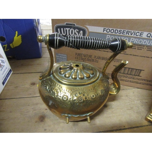 264 - BOX OF METALWARE INCLUDING COPPER KETTLE