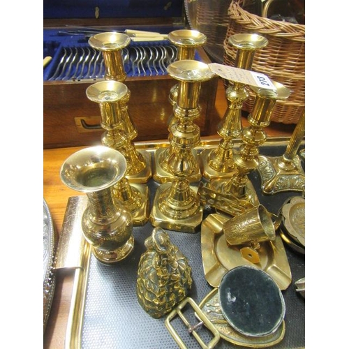 273 - TRAY OF BRASS INCLUDING CANDLESTICKS ETC