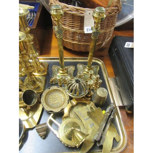 273 - TRAY OF BRASS INCLUDING CANDLESTICKS ETC