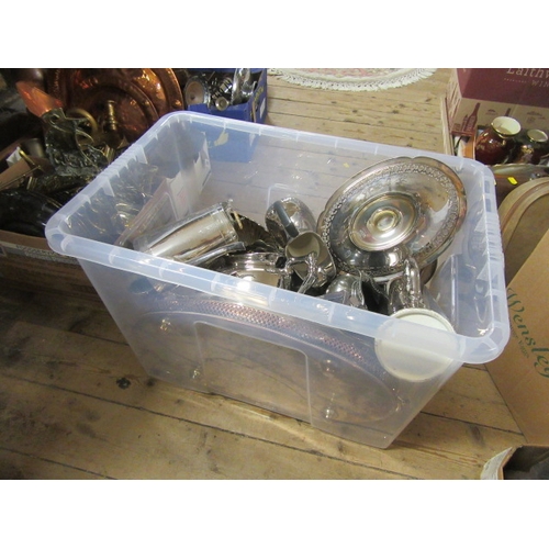 276 - BOX OF EPNS ETC INCLUDING TEAWARE AND TRAYS