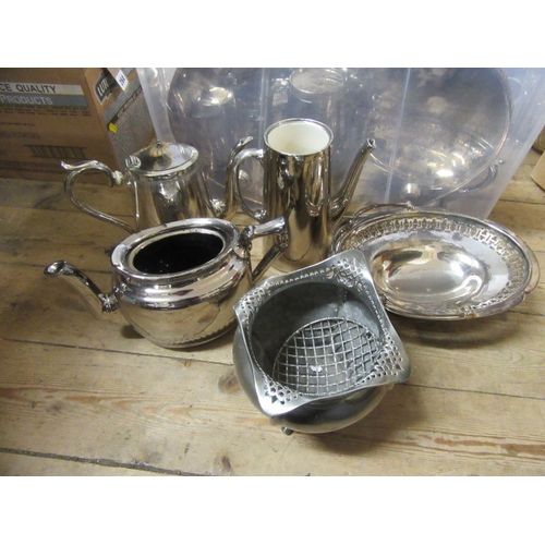 276 - BOX OF EPNS ETC INCLUDING TEAWARE AND TRAYS