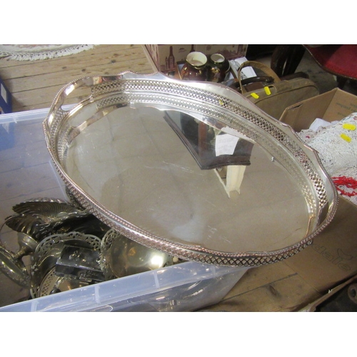 276 - BOX OF EPNS ETC INCLUDING TEAWARE AND TRAYS