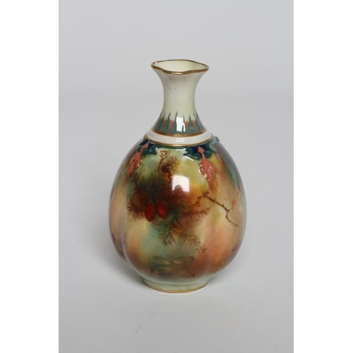 31 - A SMALL ROYAL WORCESTER CHINA VASE, c.1908, of lobed ovoid form with waisted neck, painted in colour... 