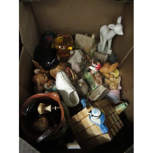 107 - BOX OF MISCELLANEOUS ITEMS INCLUDING PENDELFIN BUNNIES