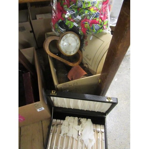 118 - BOX OF MISCELLANEOUS INCLUDING CAMERA AND MANTLE CLOCK