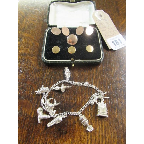 181 - CASE OF GOLD CUFFLINKS  STUDS AND A SILVER CHARM BRACELET