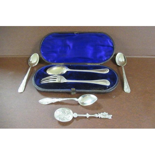 236 - CASED SILVER SPOON AND FORK AND FOUR OTHERS