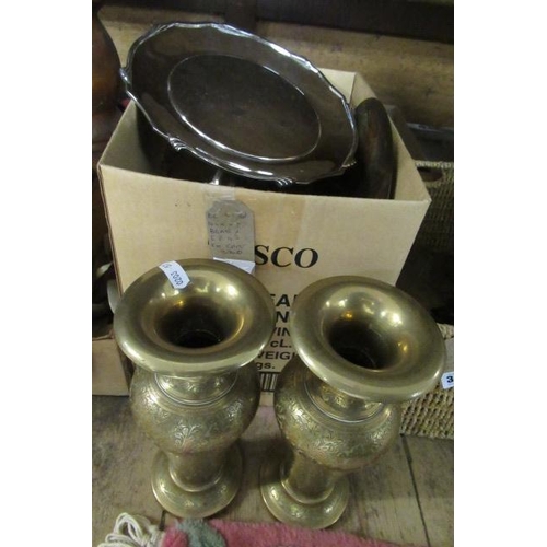 301 - BOX OF BRASS AND EPNS INCLUDING CAKE STAND