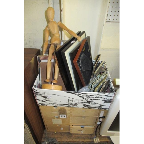 521 - WOODEN DRAWERS  BOX OF PHOTO FRAMES AND A MANNEQUIN