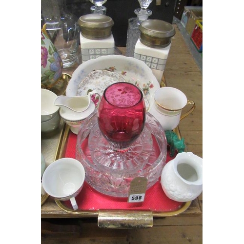 598 - TRAY INCLUDING CRANBERRY GLASS AND OTHERS