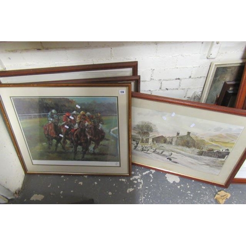 720 - CLAIRE E BURTON LIMITED EDITION RACING PRINT AND THREE ALAN INGHAM PRINTS