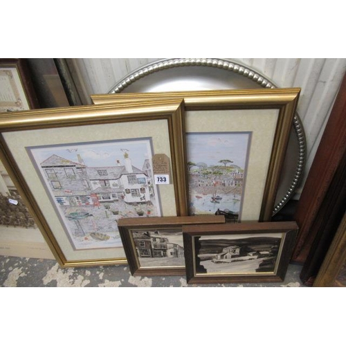 733 - TWO FRAMED PRINTS  TWO PICTURES AND A CIRCULAR MIRROR