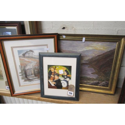 750 - FRAMED OIL AND TWO PRINTS