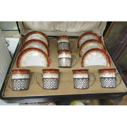 461 - CASED SHELLEY COFFEE CAN SET IN SILVER HOLDERS