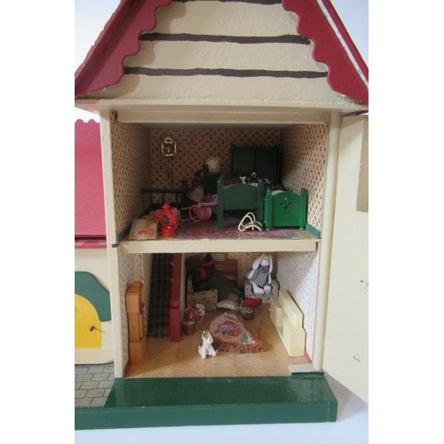 114 - A Geebee doll's house and contents, the house of painted wood construction, with metal windows and f... 