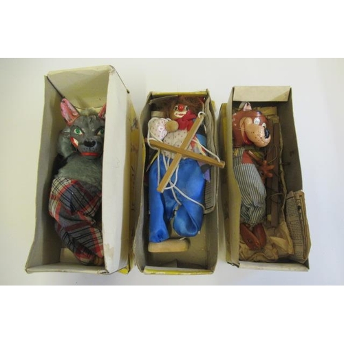 205 - Three Pelham puppets comprising Wolf, Clown and Fox, boxes P, figures F-G (Est. plus 21% premium inc... 