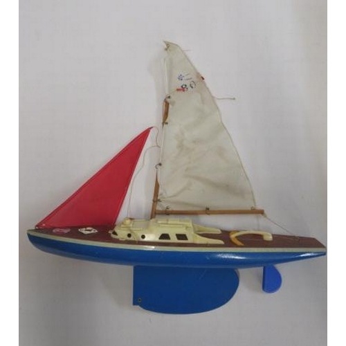 214 - 50cm pond yacht by Giner, Spain, blue wooden hull with sails, box AF, F-G (Est. plus 21% premium inc... 