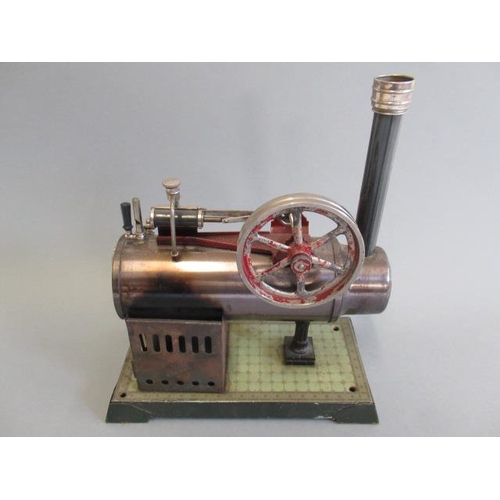 243 - Bing spirit fired overtype single cylinder steam engine, plated black boiler and fittings, printed t... 