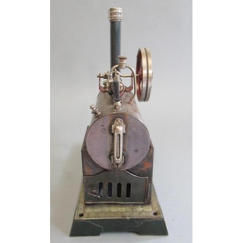 243 - Bing spirit fired overtype single cylinder steam engine, plated black boiler and fittings, printed t... 