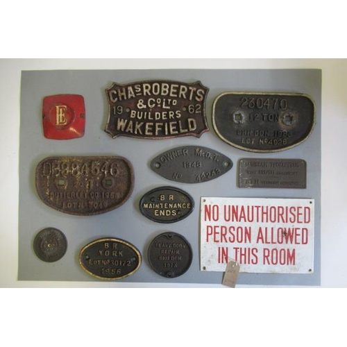 904 - Ten cast iron builders plates and signs including English Electric and Shildon B.R. York, some rusti... 