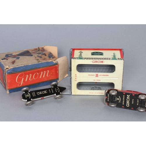 183 - Lehmann Gnom toys tinplate printed garage with Gnom toys Nr807 car and Gnom toys Nr810 race car, som... 