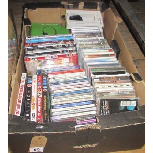 65 - BOX OF CDS AND DVDS ETC