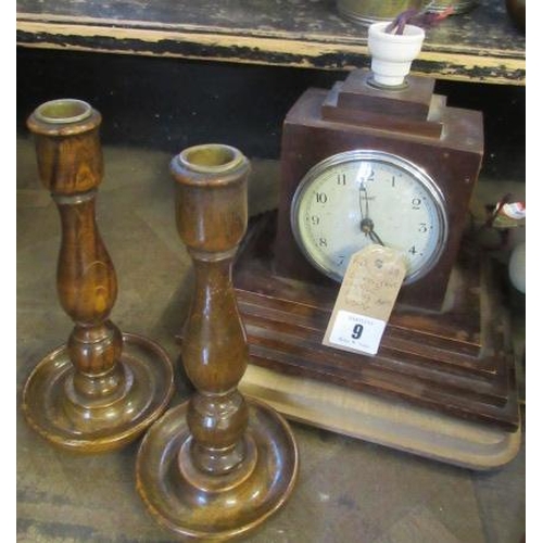 9 - CLOCK  PAIR OF CANDLESTICKS ETC